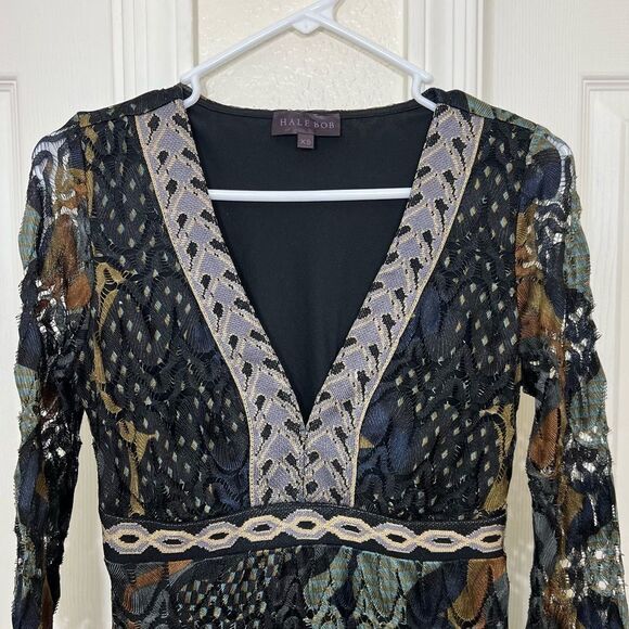 Hale Bob Dress Retro 70’s Bell Sleeve Lace Earth Tone  Tunic Mini Size XS - Picture 7 of 15